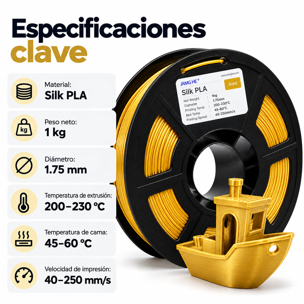 Especificaciones del filamento JAMG HE Silk PLA.