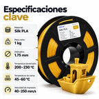 Especificaciones del filamento JAMG HE Silk PLA.