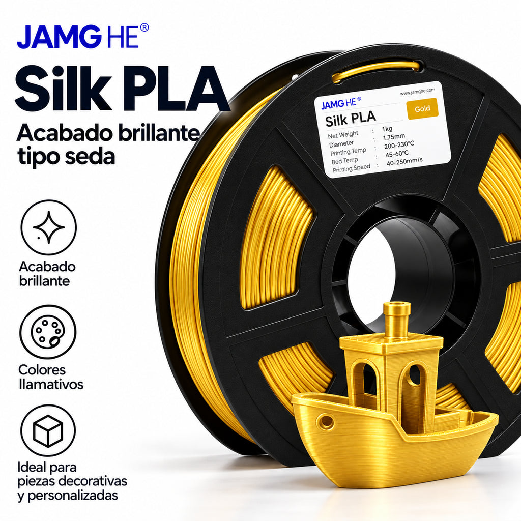 Características del filamento JAMG HE Silk PLA dorado.