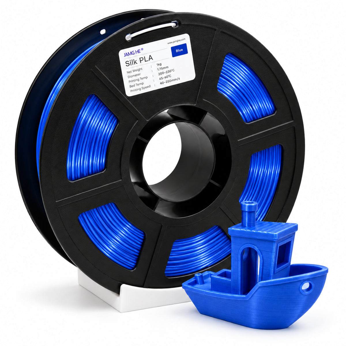 Filamento JAMG HE Silk PLA 1.75 mm — 1 kg, Azul; presentación del producto.
