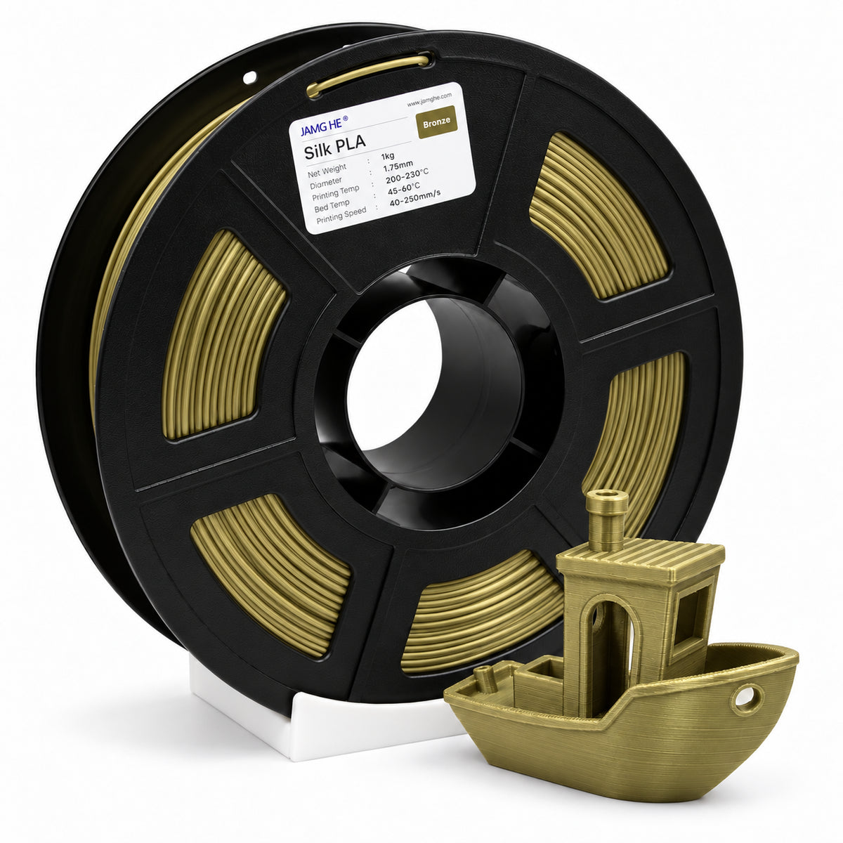 Filamento JAMG HE Silk PLA 1.75 mm — 1 kg, Bronce; presentación del producto.
