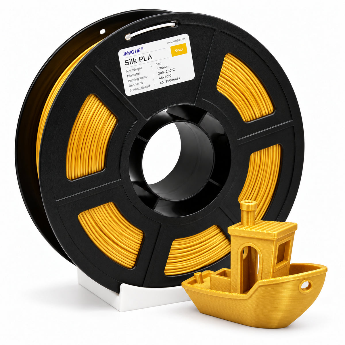 Filamento JAMG HE Silk PLA 1.75 mm — 1 kg, Dorado; presentación del producto.