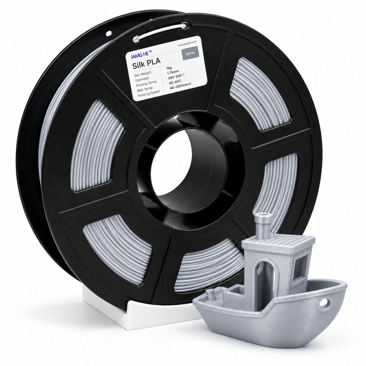 Filamento JAMG HE Silk PLA 1.75 mm — 1 kg, Plata; presentación del producto.