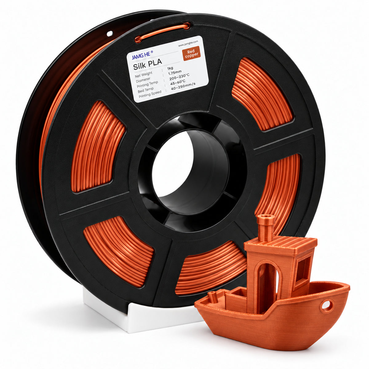 Filamento JAMG HE Silk PLA 1.75 mm — 1 kg, Rojo cobre; presentación del producto.