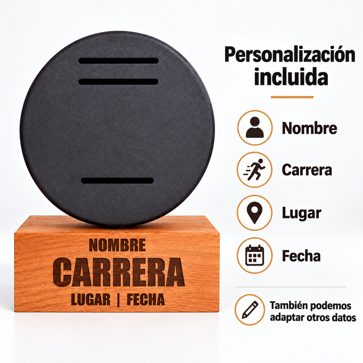 Nombre, carrera, lugar y fecha en la base portamedalla.