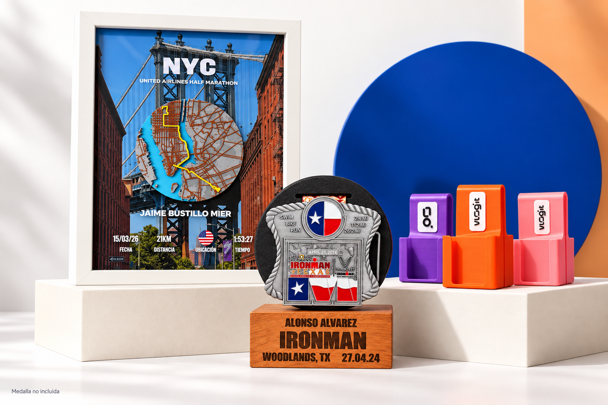 Cuadro personalizado del maratón de Nueva York, portamedalla y soportes VLOG IT de 3DISON.