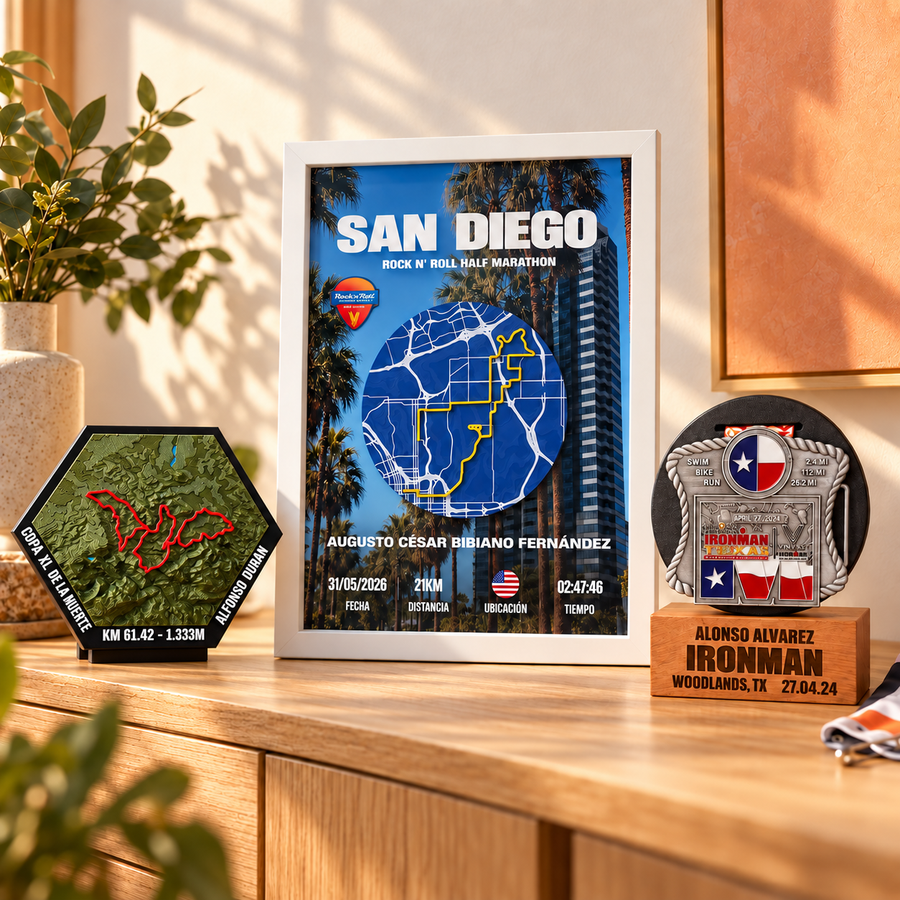 Cuadro de carrera de San Diego, mapa 3D hexagonal y portamedalla personalizado de 3DISON.