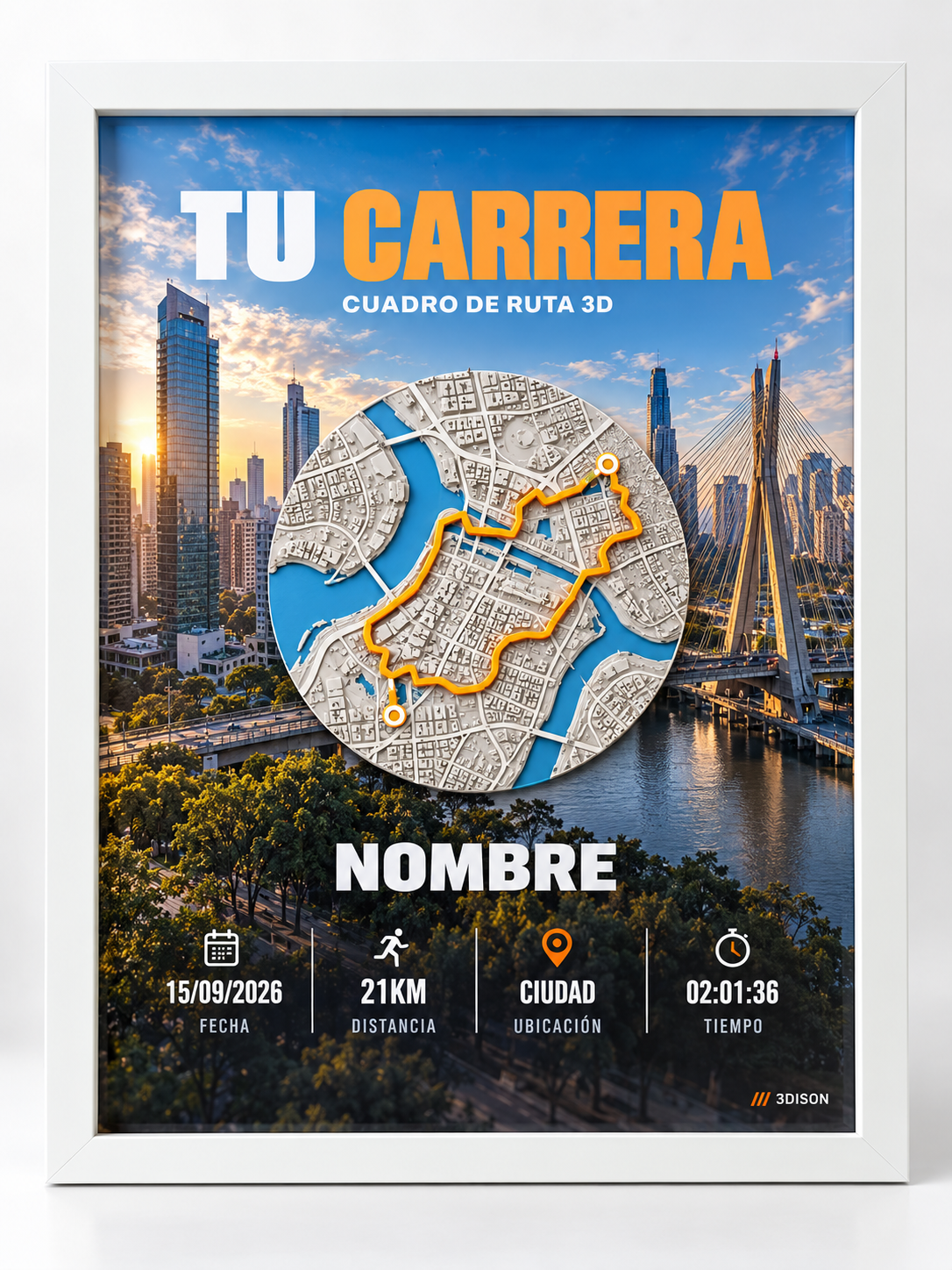 Cuadro de carrera con ruta 3D personalizada, Blanco; presentación del producto.