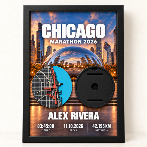 Cuadro vertical de maratón con mapa 3D y portamedalla — MAJ 01 Cuadro Chicago 2026