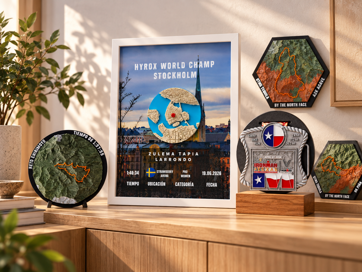 Recuerdos deportivos personalizados de 3DISON: cuadros de carrera, mapas 3D y portamedallas.
