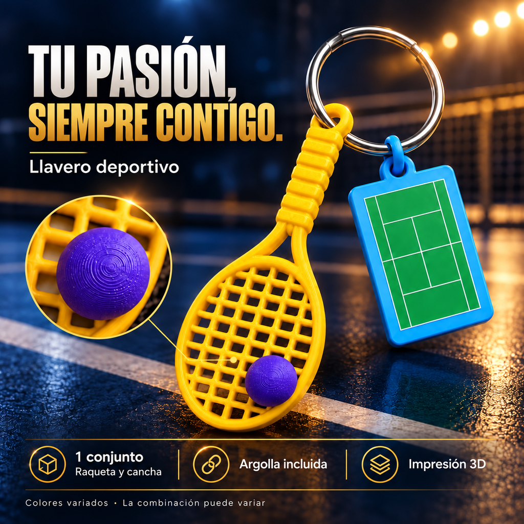Llavero deportivo: raqueta y cancha con argolla, impresión 3D y colores variados