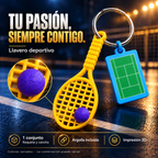 Llavero deportivo: raqueta y cancha con argolla, impresión 3D y colores variados