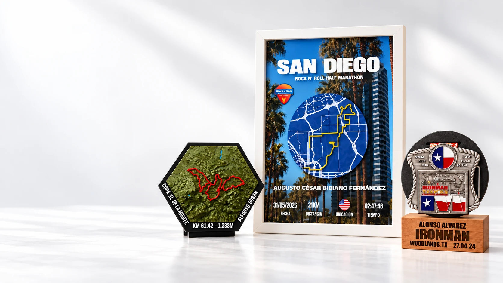 Cuadro deportivo personalizado, mapa 3D hexagonal con relieve y base portamedalla de 3DISON; medalla de ejemplo no incluida.